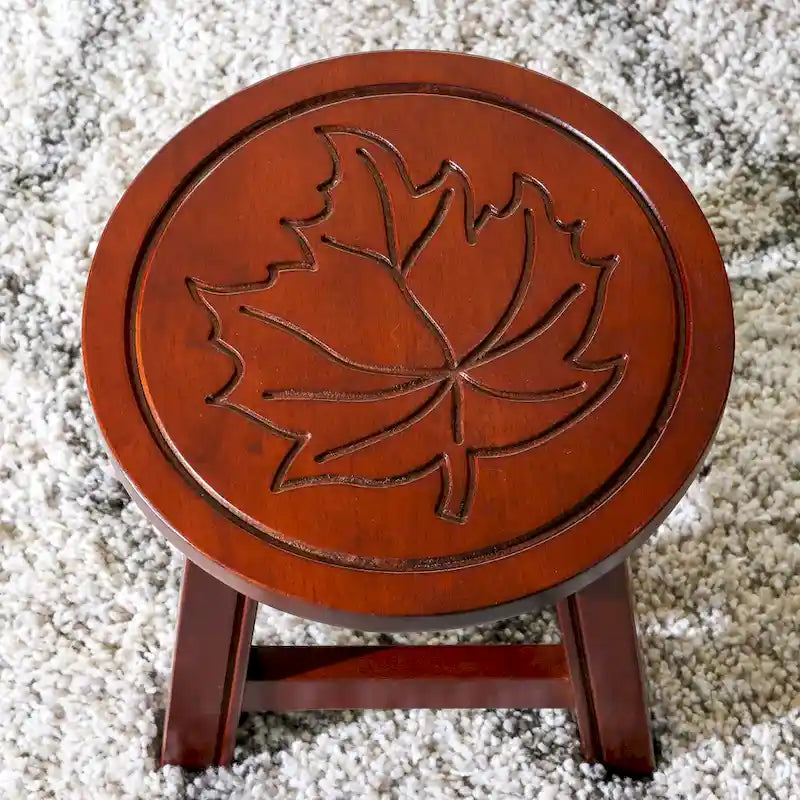 Carved Rubberwood Step Stool with Decorative Motif
