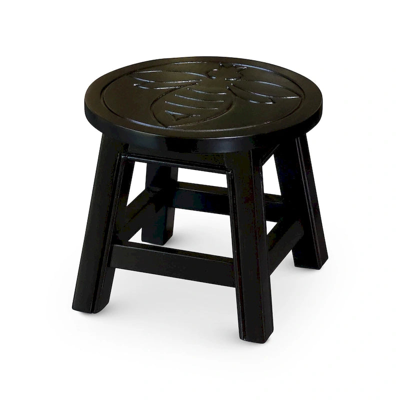 Carved Rubberwood Step Stool with Decorative Motif