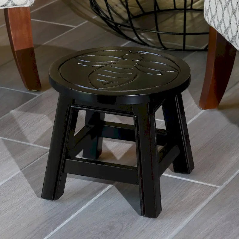 Carved Rubberwood Step Stool with Decorative Motif