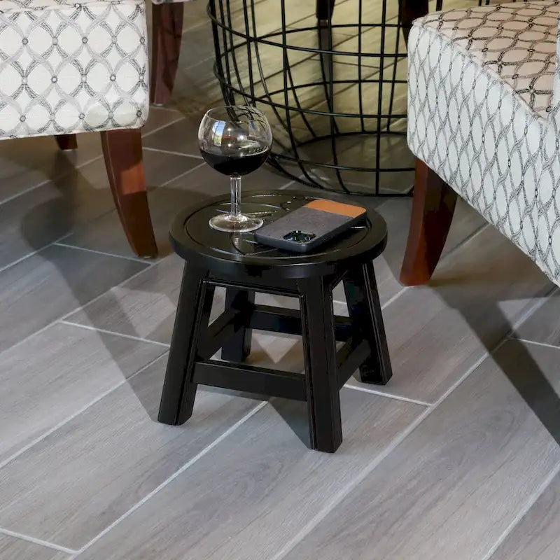 Carved Rubberwood Step Stool with Decorative Motif