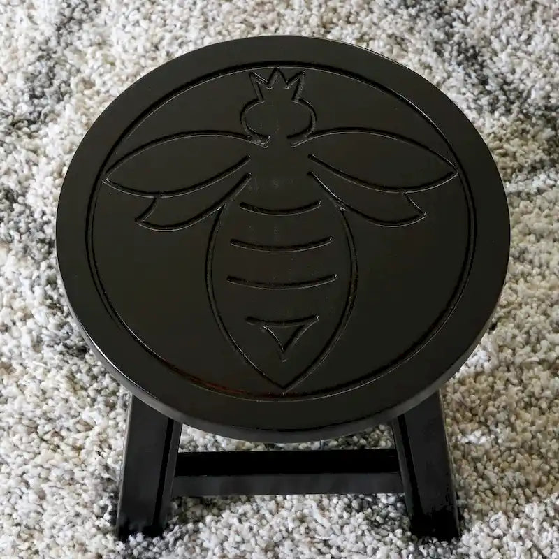 Carved Rubberwood Step Stool with Decorative Motif