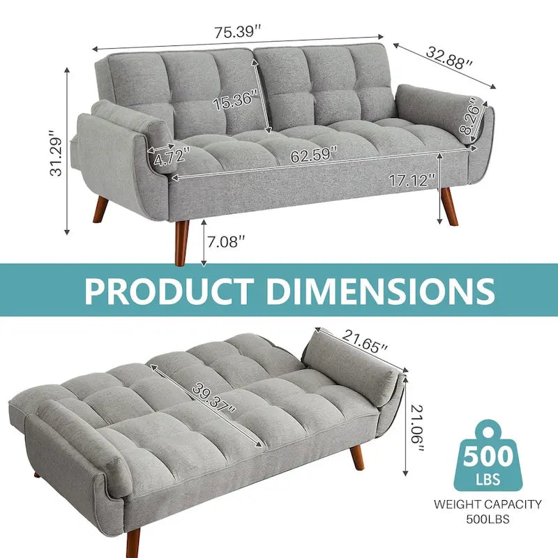 75.39 IN. Futon Sofa Bed, Convertible Upholstered Couch Sleeper with Reclining Sleeper Split Tufted Back