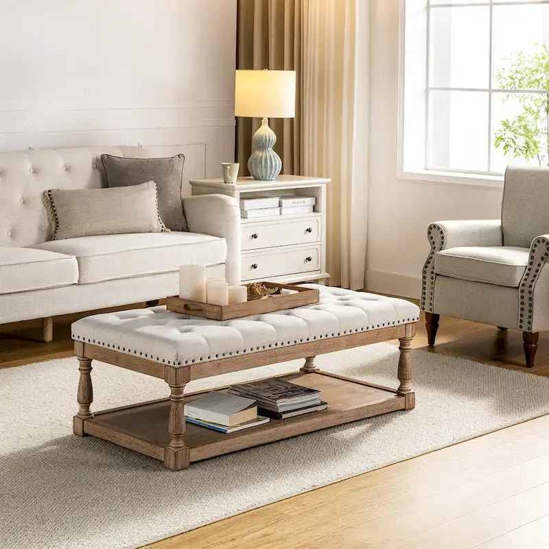 Conelius Upholstered Traditional Rectangular Cocktail Ottoman with a Tray by HULALA HOME