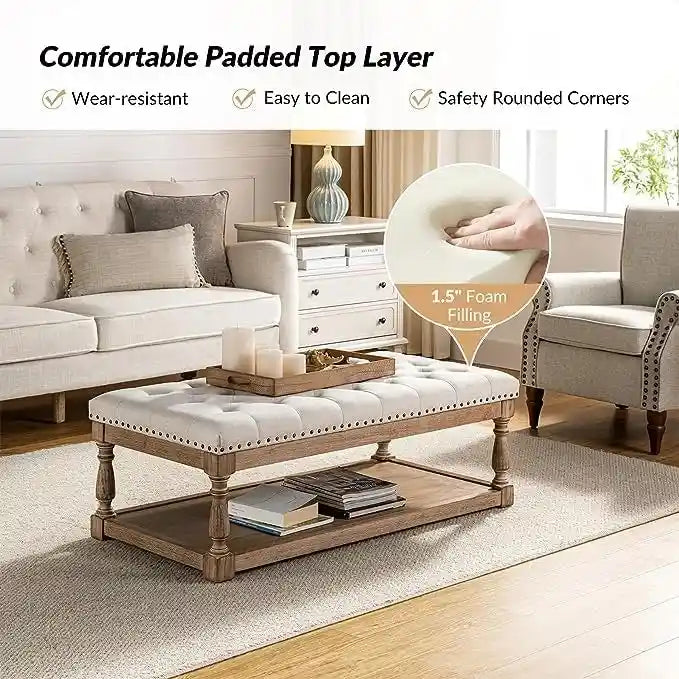 Upholstered Traditional Rectangular Cocktail Ottoman with Tray