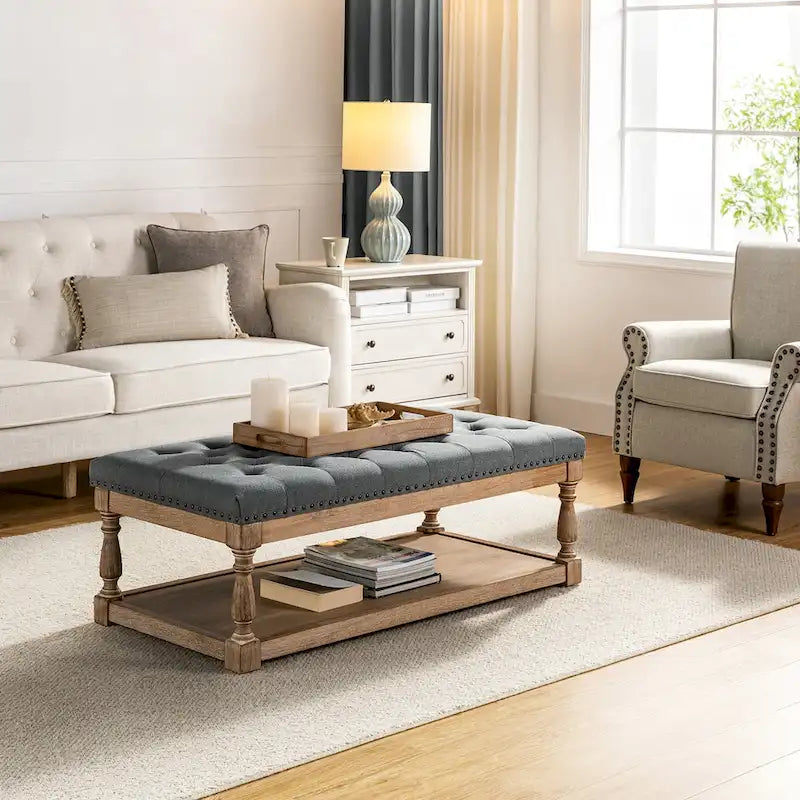 Upholstered Traditional Rectangular Cocktail Ottoman with Tray