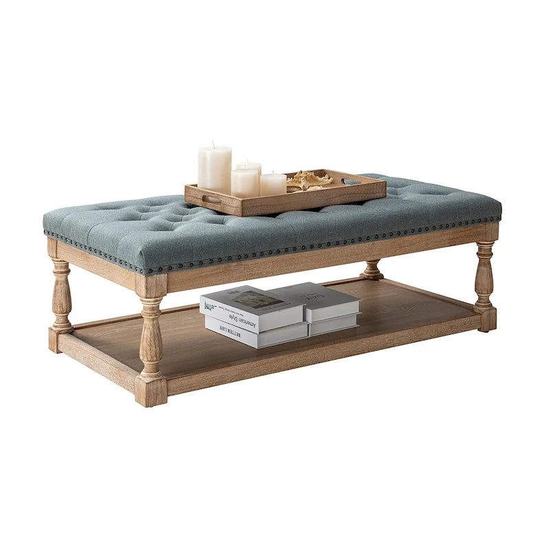 Upholstered Traditional Rectangular Cocktail Ottoman with Tray