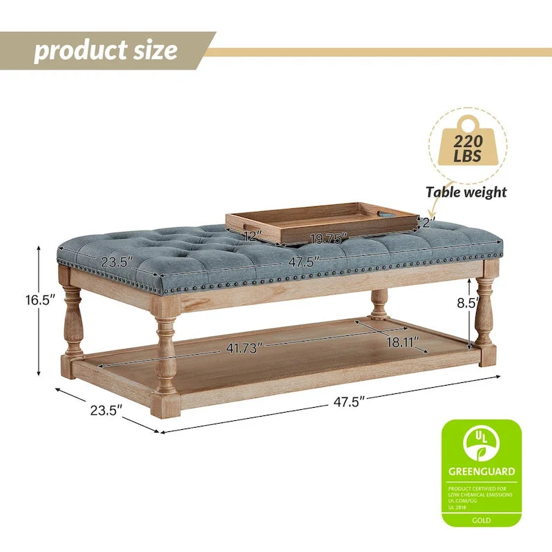 Upholstered Traditional Rectangular Cocktail Ottoman with Tray