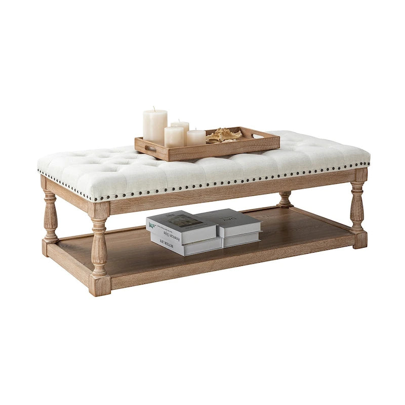 Upholstered Traditional Rectangular Cocktail Ottoman with Tray
