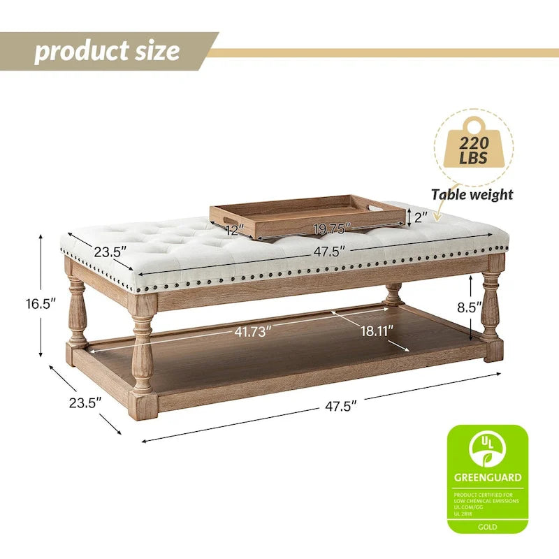 Upholstered Traditional Rectangular Cocktail Ottoman with Tray
