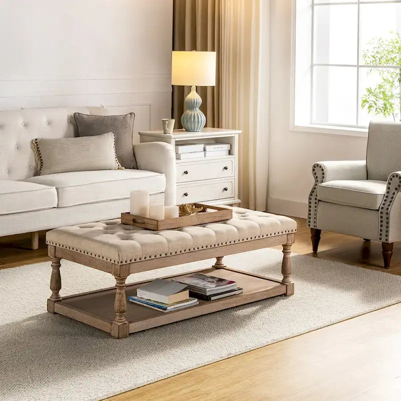 Upholstered Traditional Rectangular Cocktail Ottoman with Tray