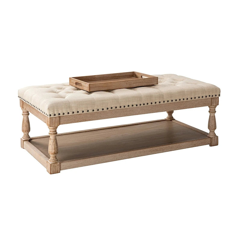 Upholstered Traditional Rectangular Cocktail Ottoman with Tray