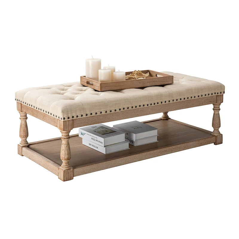 Upholstered Traditional Rectangular Cocktail Ottoman with Tray
