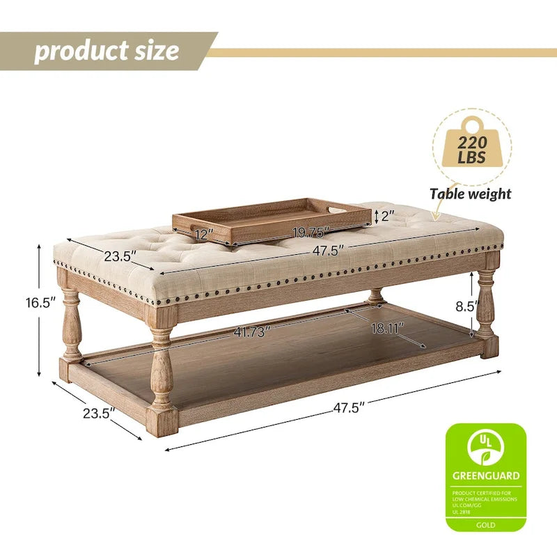 Upholstered Traditional Rectangular Cocktail Ottoman with Tray