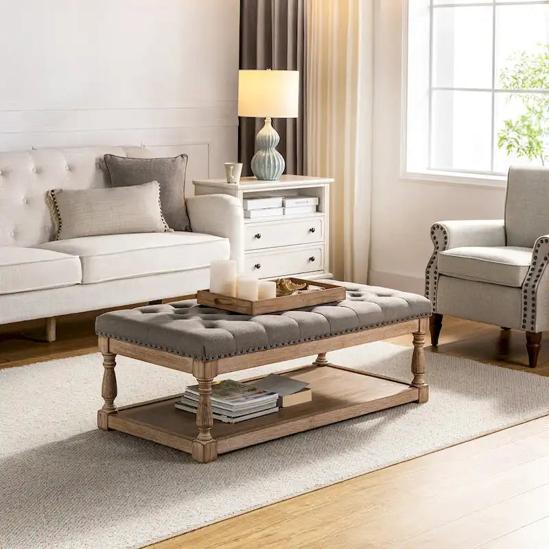 Upholstered Traditional Rectangular Cocktail Ottoman with Tray
