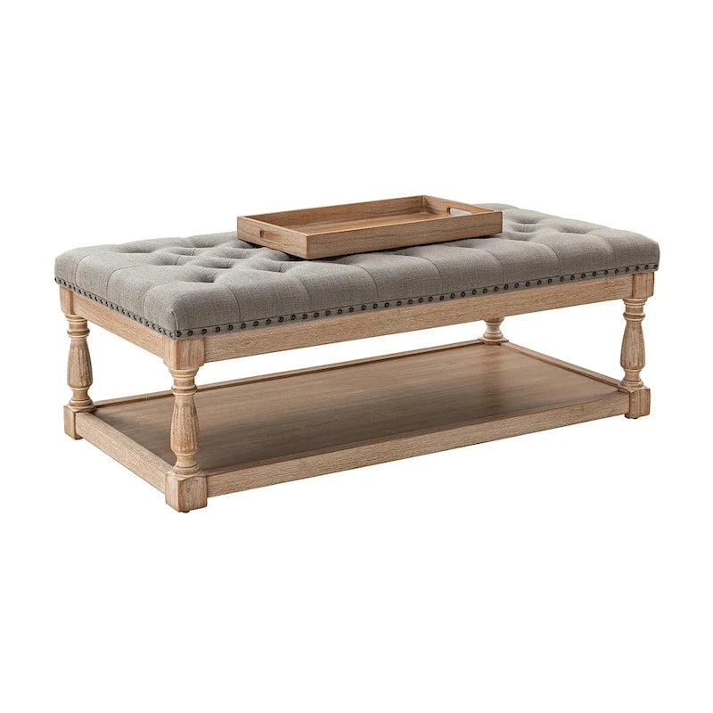 Upholstered Traditional Rectangular Cocktail Ottoman with Tray