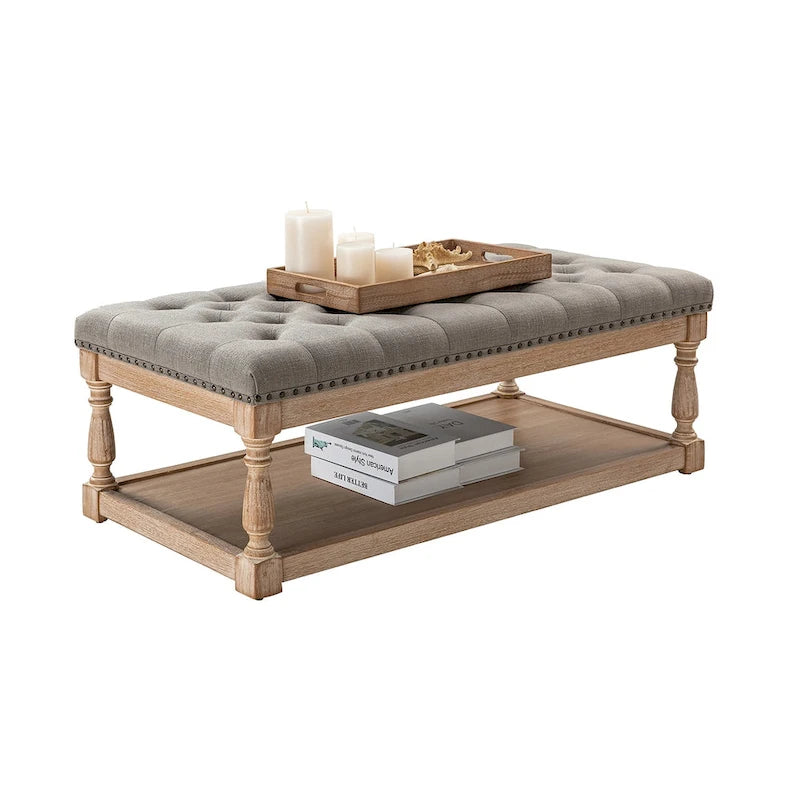 Upholstered Traditional Rectangular Cocktail Ottoman with Tray
