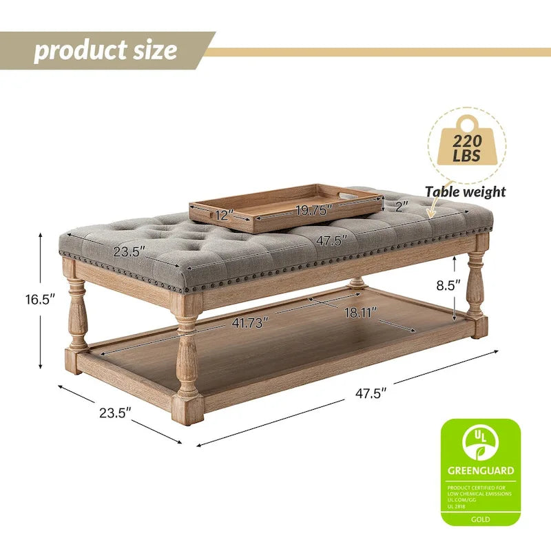 Upholstered Traditional Rectangular Cocktail Ottoman with Tray