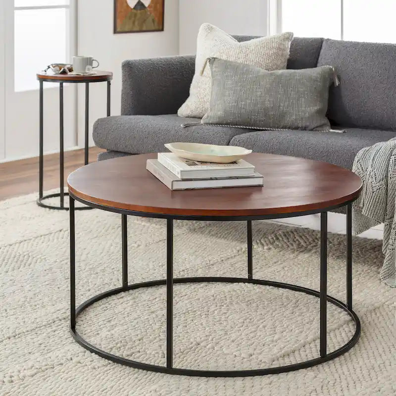 Modern Round Mixed Material Coffee Table with Metal Frame