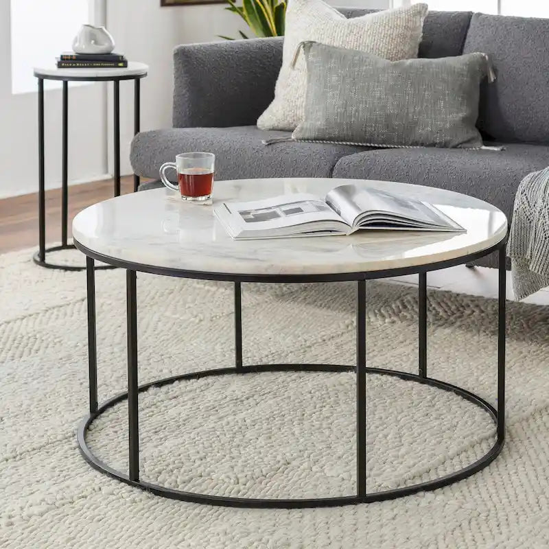 Modern Round Mixed Material Coffee Table with Metal Frame