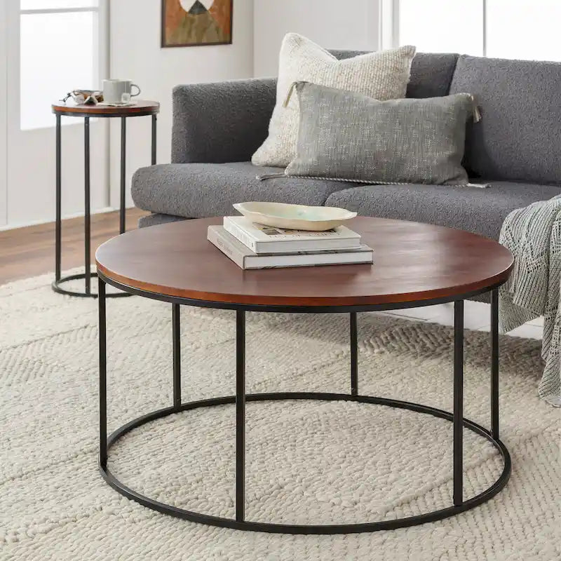 Modern Round Mixed Material Coffee Table with Metal Frame