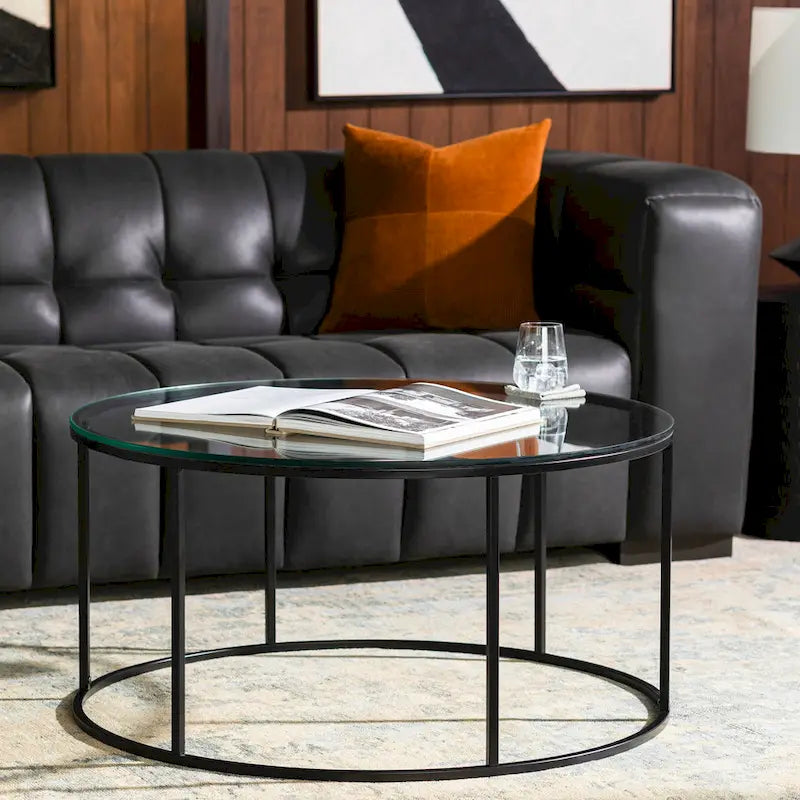 Modern Round Mixed Material Coffee Table with Metal Frame