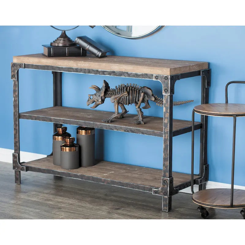2-Shelf Industrial Wood and Metal Console Table - Brown