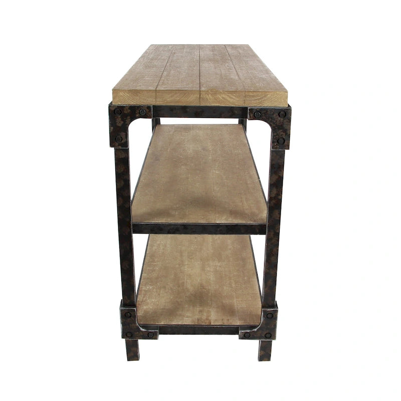 2-Shelf Industrial Wood and Metal Console Table - Brown