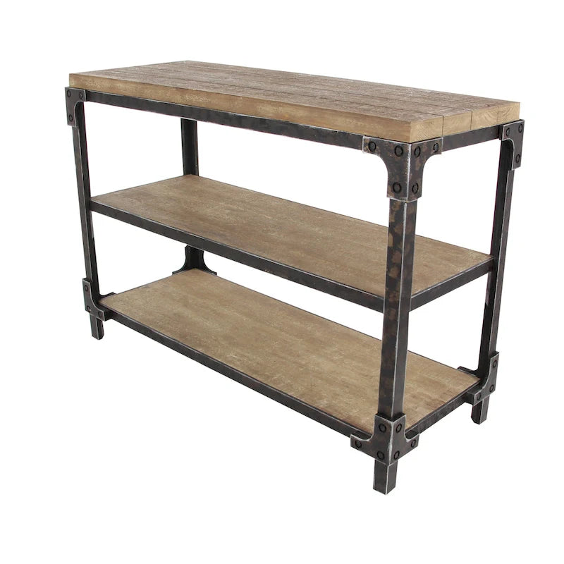 2-Shelf Industrial Wood and Metal Console Table - Brown