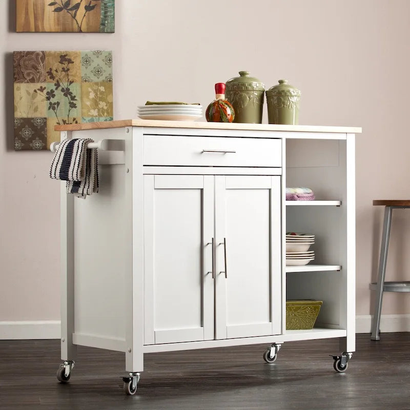 White Kitchen Cart with Butcher Block and Storage