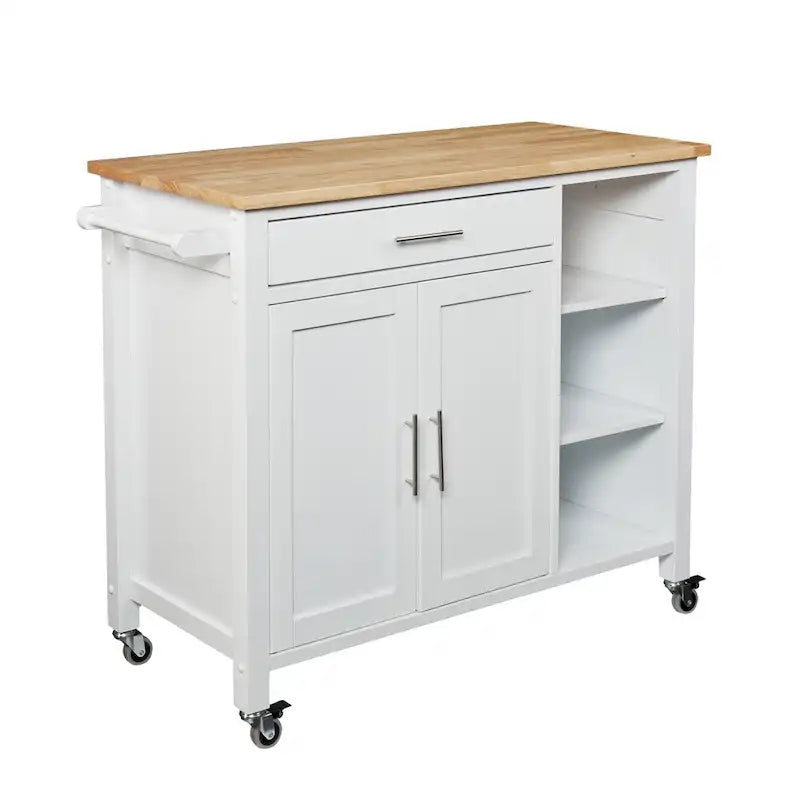 White Kitchen Cart with Butcher Block and Storage