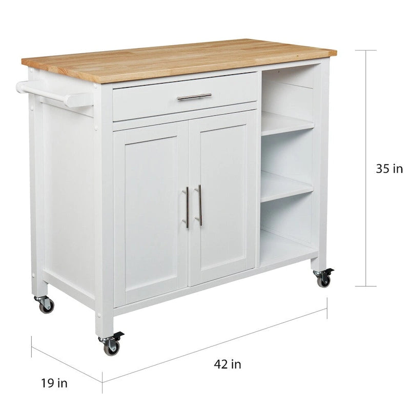 White Kitchen Cart with Butcher Block and Storage