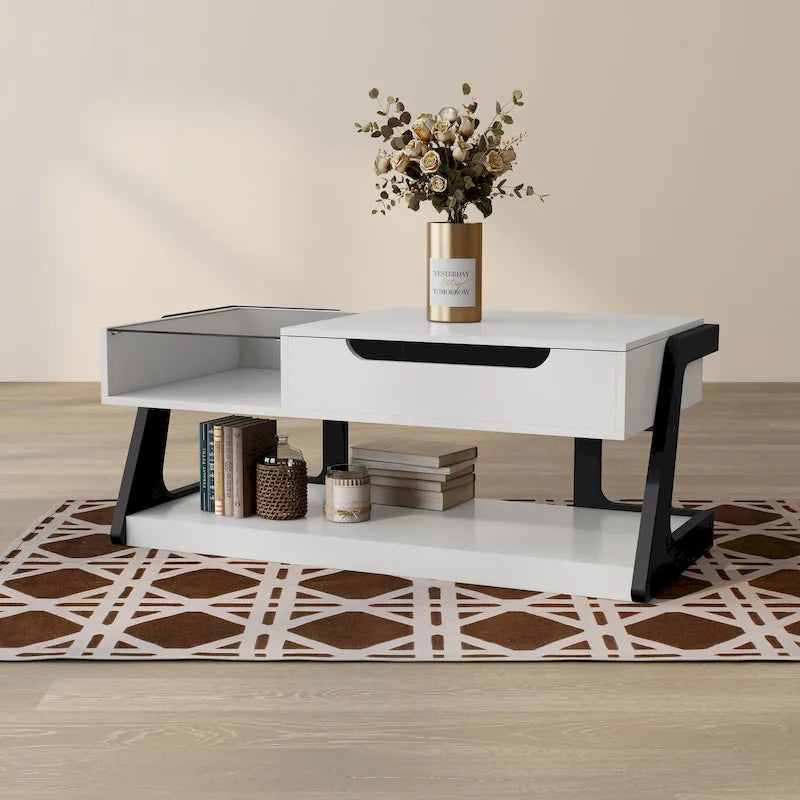 Contemporary White 49-Inch Lift-Top Coffee Table with Storage