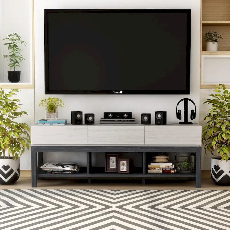 Modern White and Grey 60-Inch TV Stand with 3 Drawers and Open Shelves