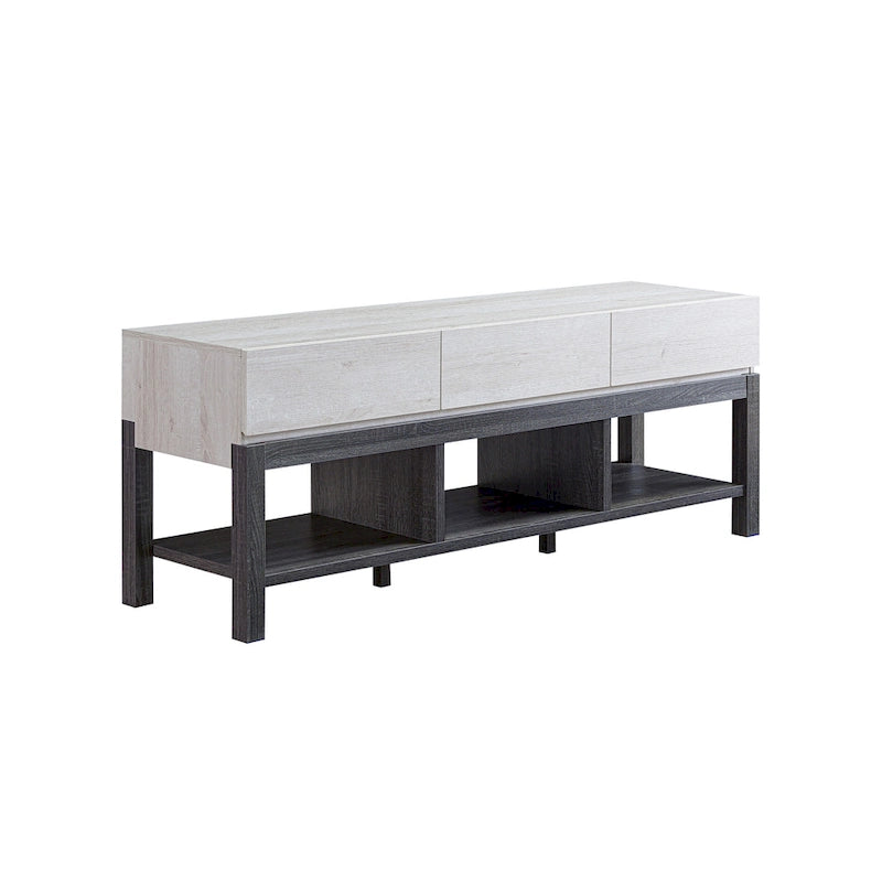 Modern White and Grey 60-Inch TV Stand with 3 Drawers and Open Shelves