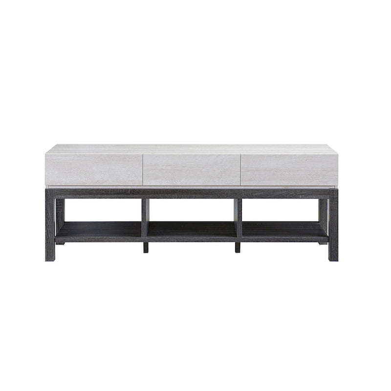 Modern White and Grey 60-Inch TV Stand with 3 Drawers and Open Shelves