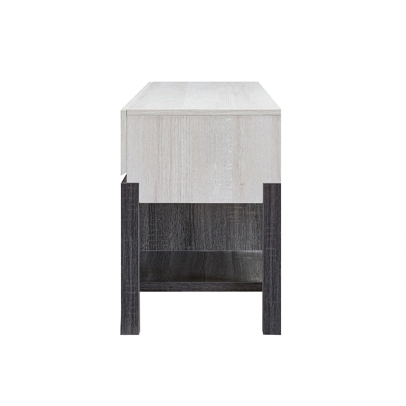 Modern White and Grey 60-Inch TV Stand with 3 Drawers and Open Shelves