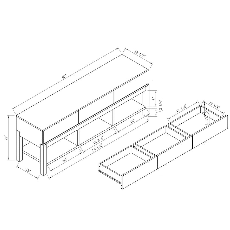 Modern White and Grey 60-Inch TV Stand with 3 Drawers and Open Shelves