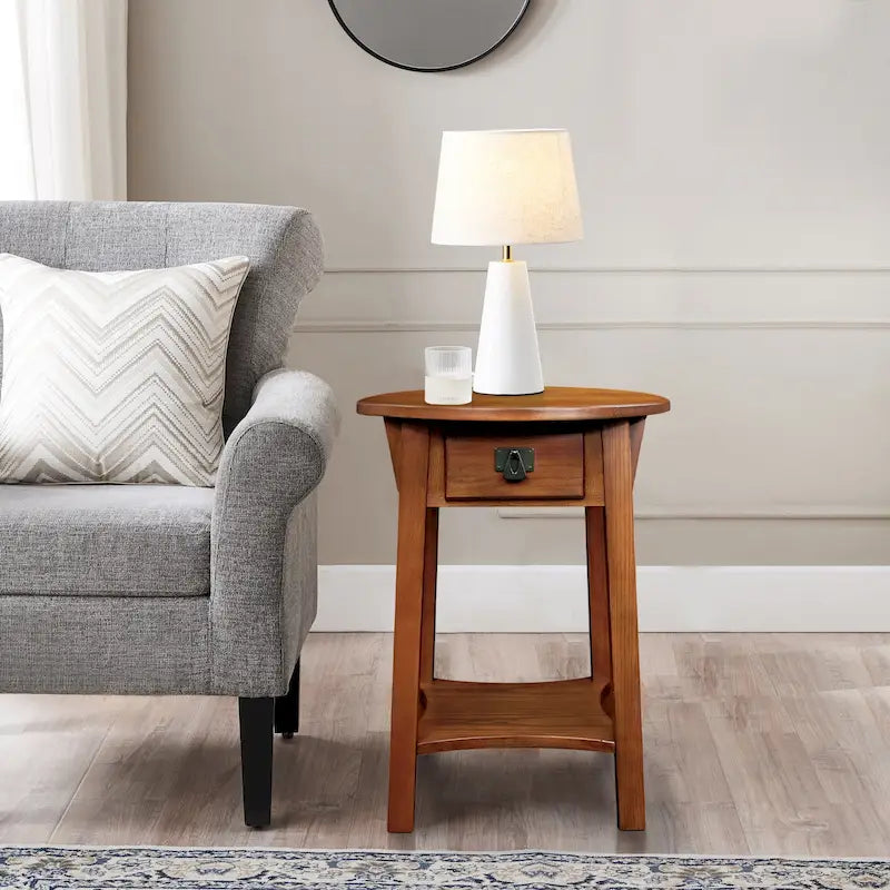 Mission Round End Table with Drawer - Solid North American Ash