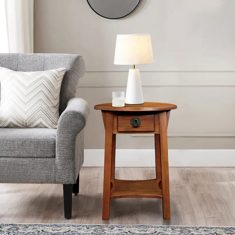 Mission Round End Table with Drawer - Solid North American Ash