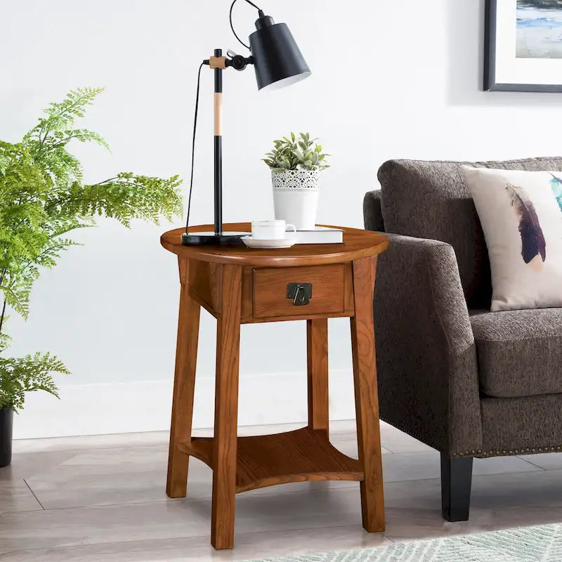 Mission Round End Table with Drawer - Solid North American Ash