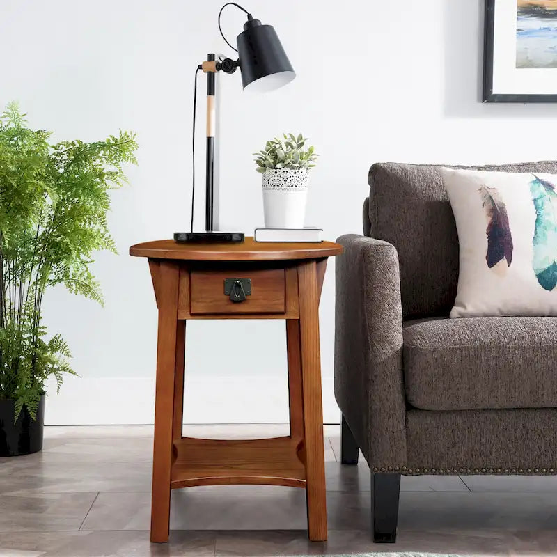 Mission Round End Table with Drawer - Solid North American Ash