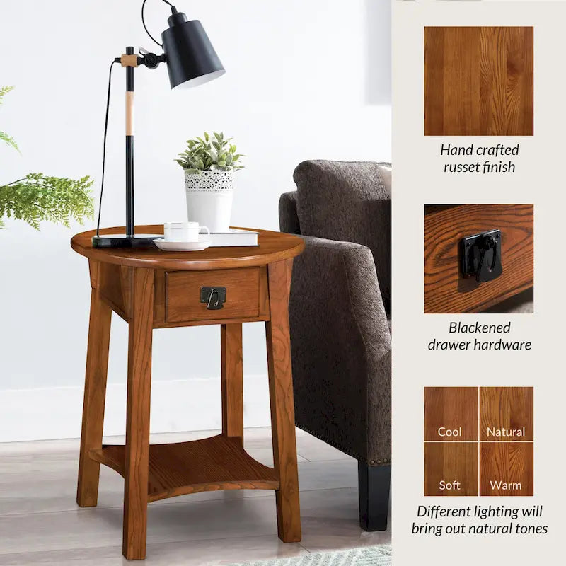 Mission Round End Table with Drawer - Solid North American Ash