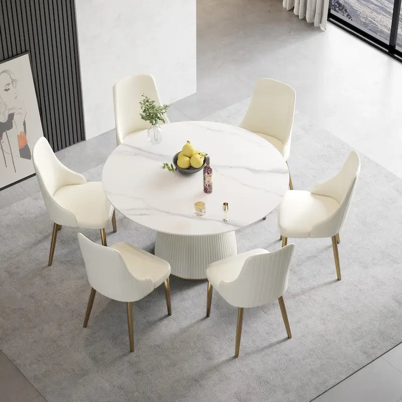 53" Round Dining Table for 6 with Lazy Susan - White Sintered Stone