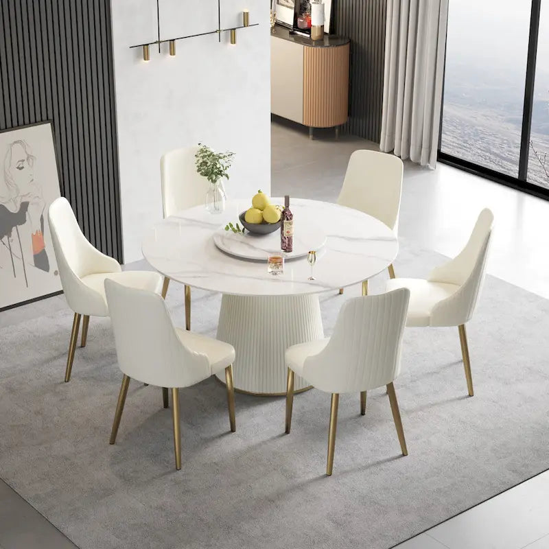 53" Round Dining Table for 6 with Lazy Susan - White Sintered Stone
