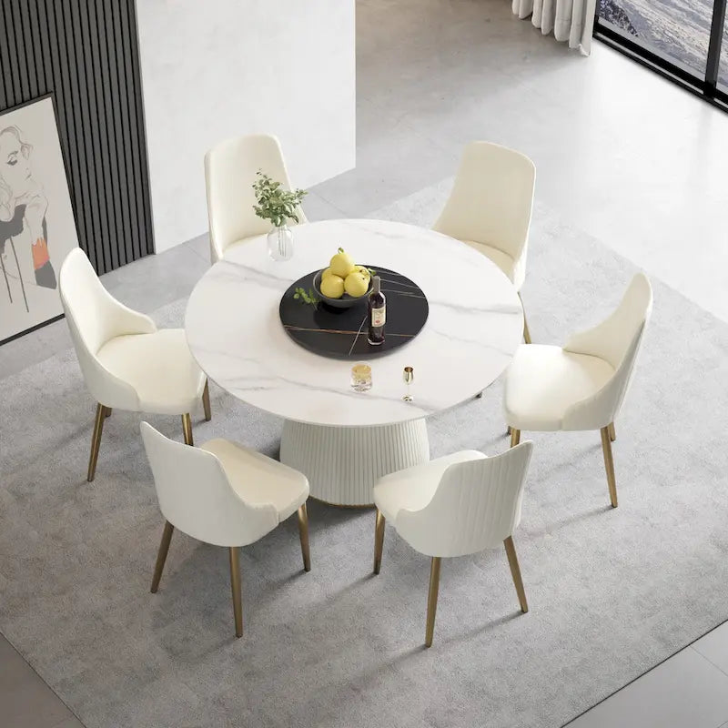 53" Round Dining Table for 6 with Lazy Susan - White Sintered Stone