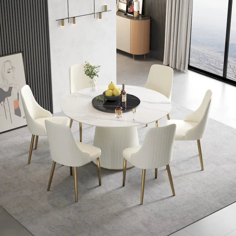 53" Round Dining Table for 6 with Lazy Susan - White Sintered Stone