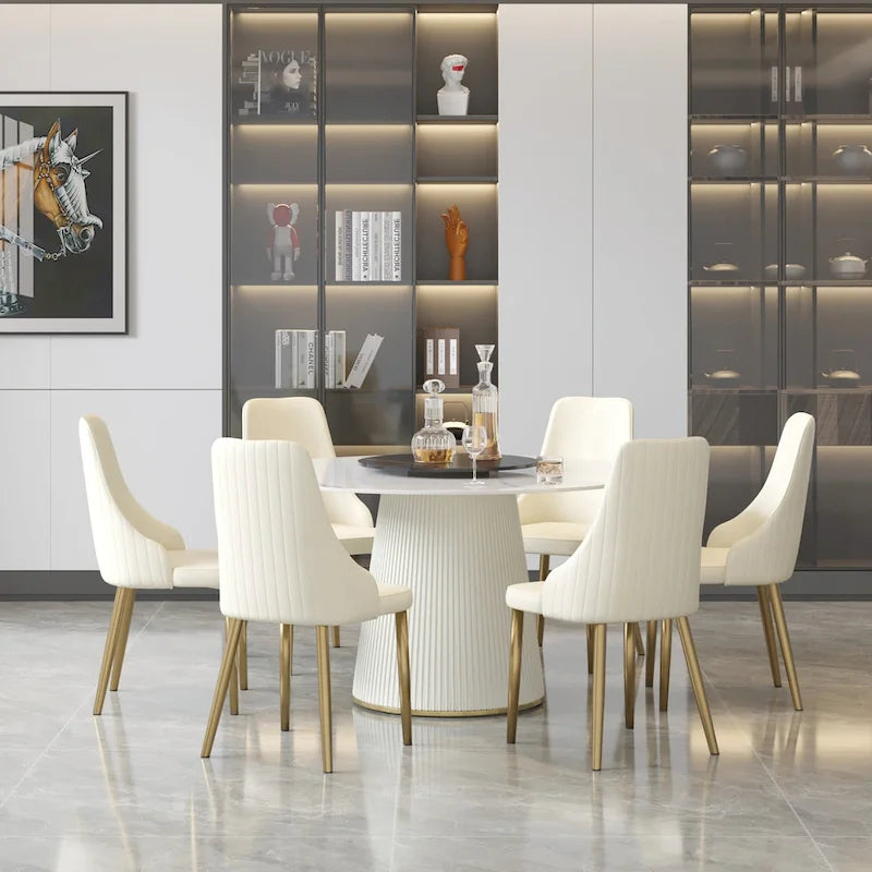 53" Round Dining Table for 6 with Lazy Susan - White Sintered Stone