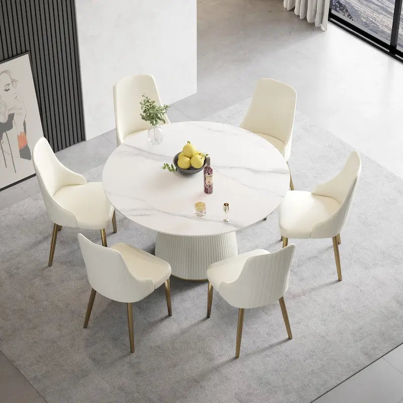 53" Round Dining Table for 6 with Lazy Susan - White Sintered Stone