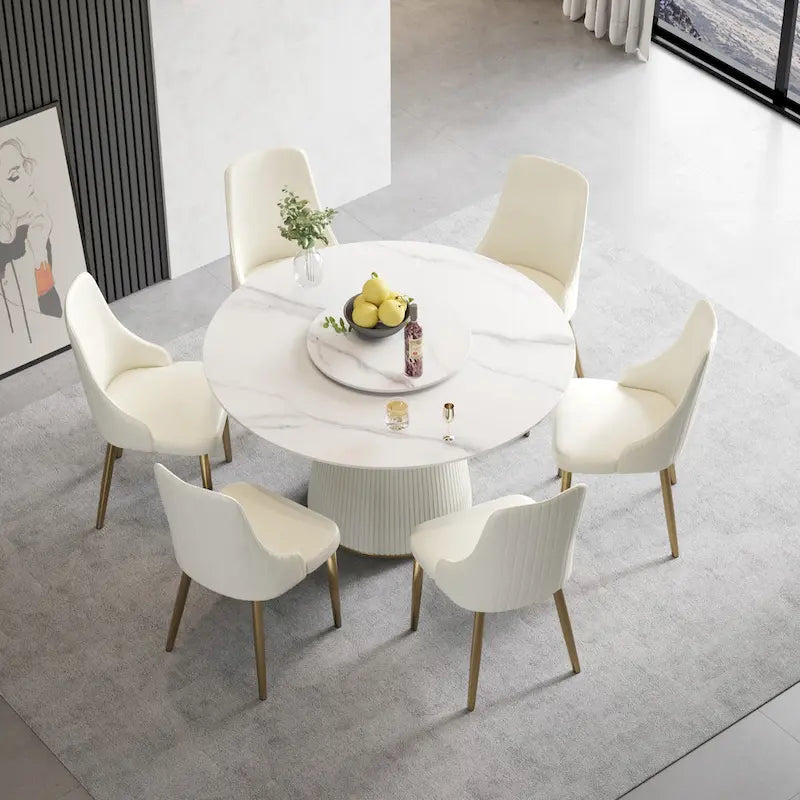 53" Round Dining Table for 6 with Lazy Susan - White Sintered Stone