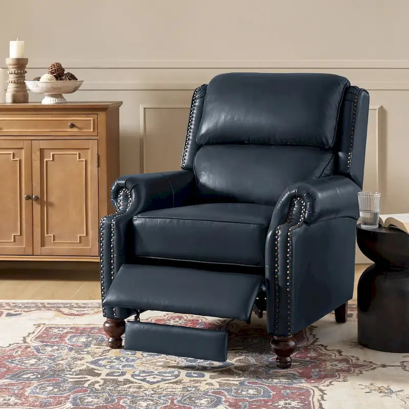 Mid-Century Modern Genuine Leather Recliner with Tapered Block Feet